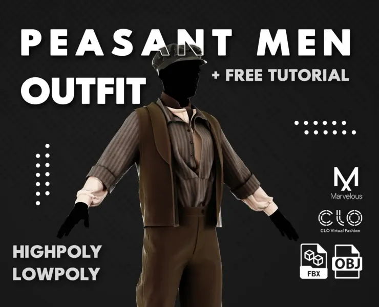 Peasant Men Outfit 3D Model - Marvelous Designer / Clo3D , Low Poly+ Free Tutorial