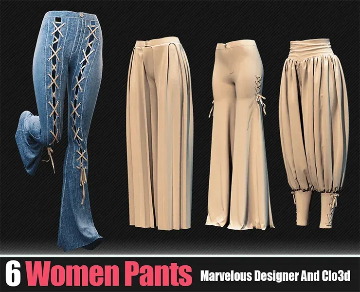 6 Pants Women (CLO3D, MD PROJECTS+OBJ+FBX) Vol 01