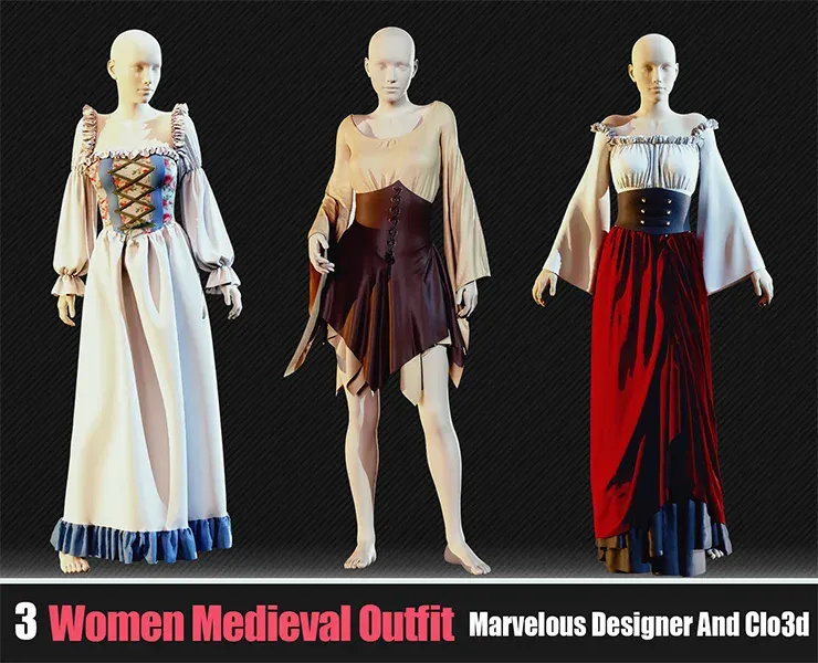 3 Women Medieval Outfits (CLO3D, MD PROJECTS+OBJ+FBX)