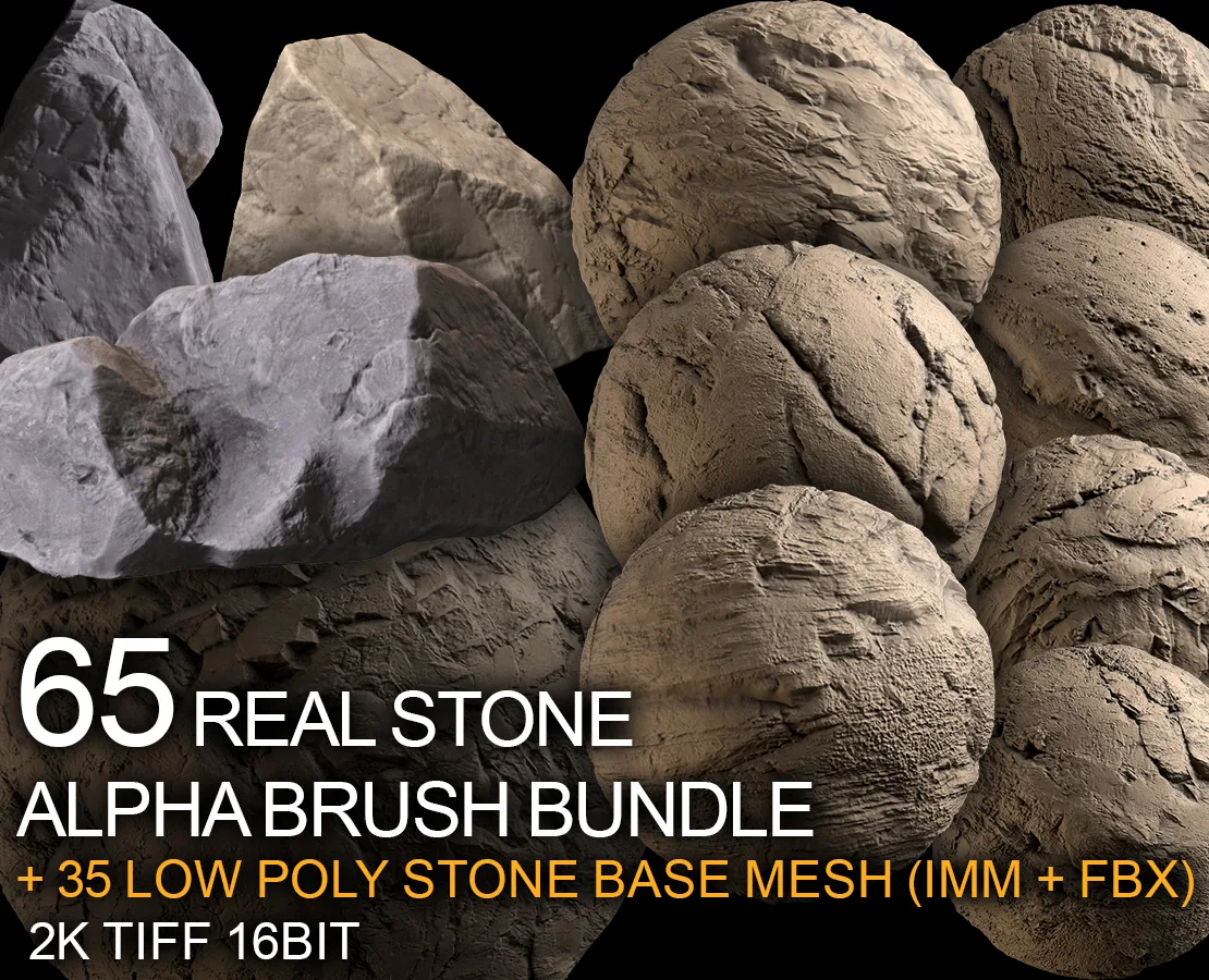 65 real stone alpha brush bundle + basemesh stones IMM (2K tiff + free tutorial)