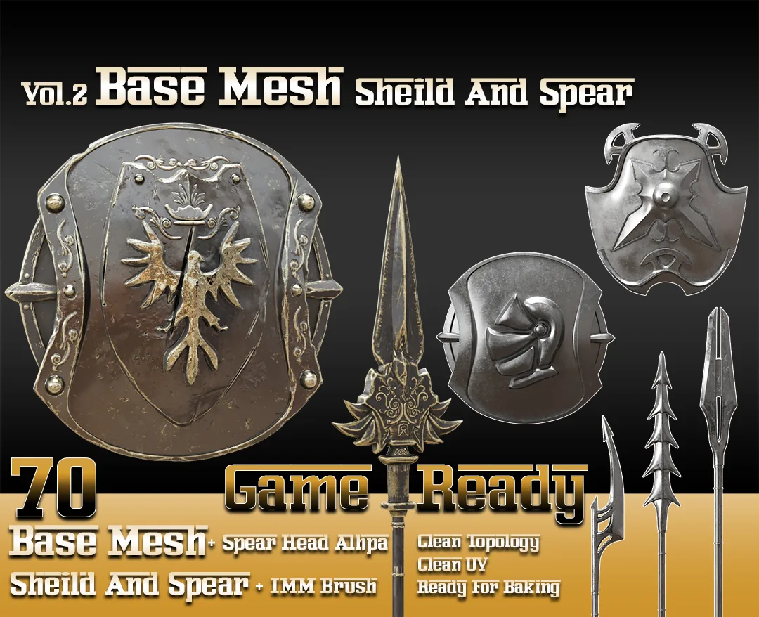 70 Base Mesh-Vol 2_Sheild and Spear (Game Ready)