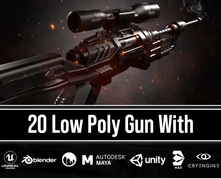 20 Low Poly Guns For Game + Textures (UDIM)