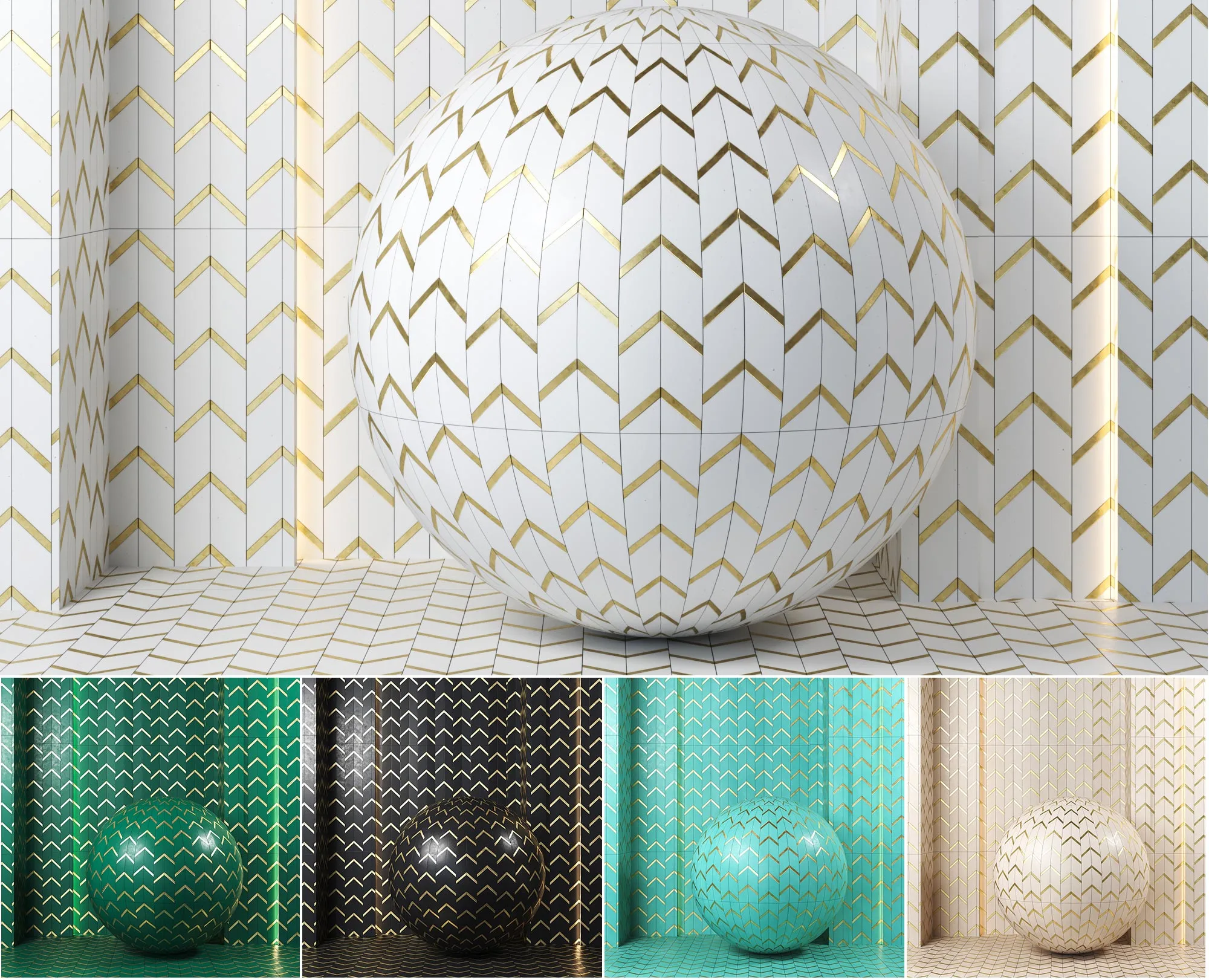 (4k)(5color)Chevron Pattern &amp; Gold Stainless Steel Polished mosaic Tile Texture-(seamless,pbr)