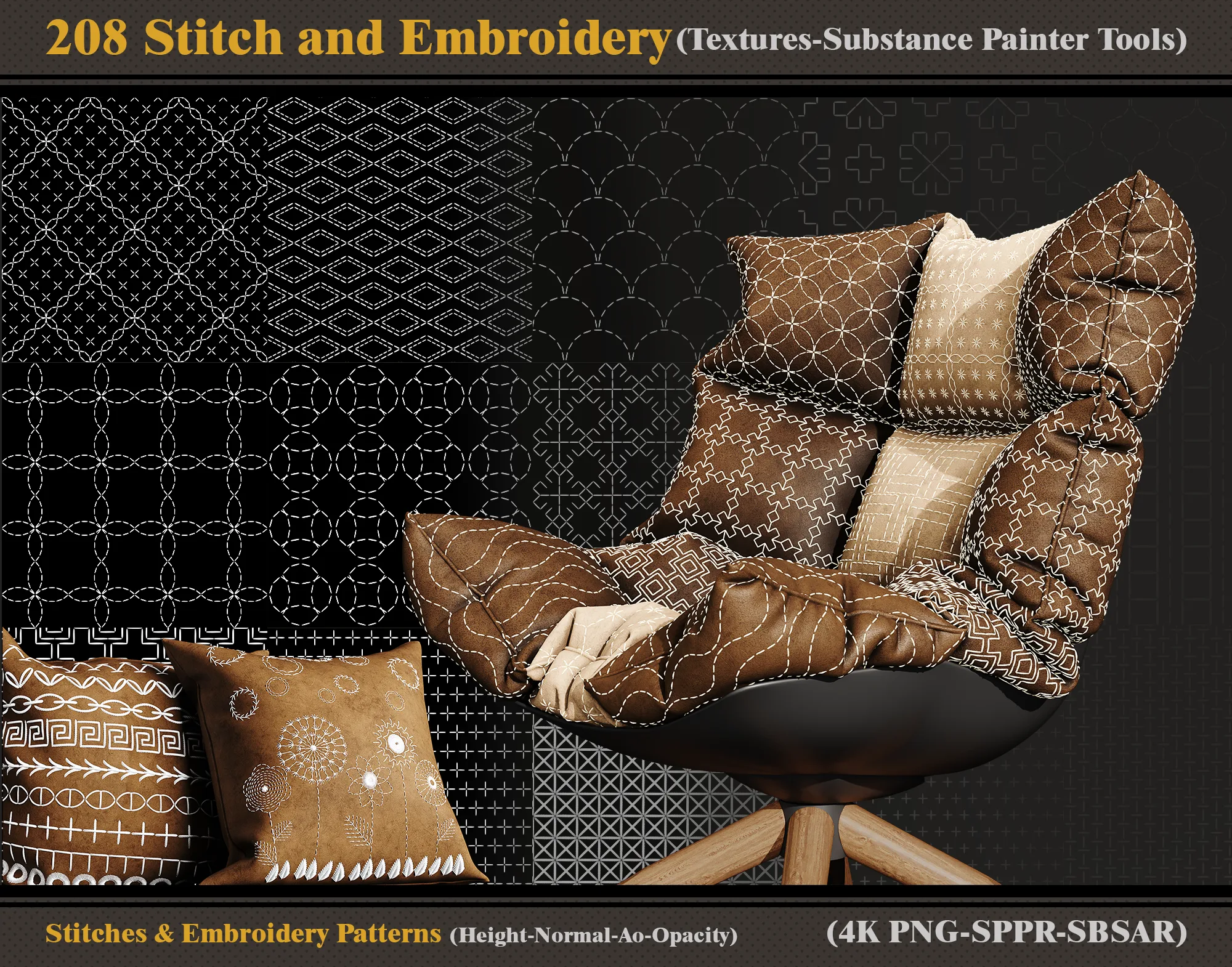 208 Stitch and Embroidery Patterns (Textures-sbsar-sppr-Alpha)