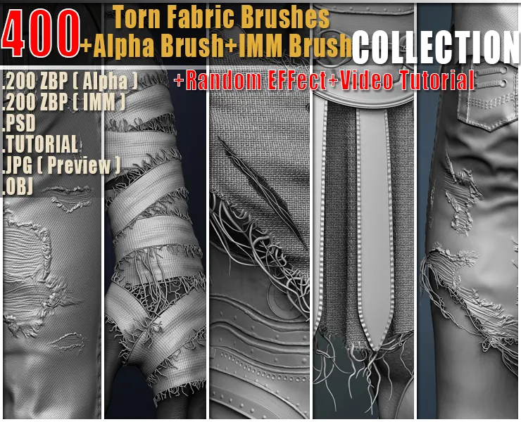 400 Torn Fabric Brushes + Alpha Brush + IMM Brush +Video Tutorial-Collection