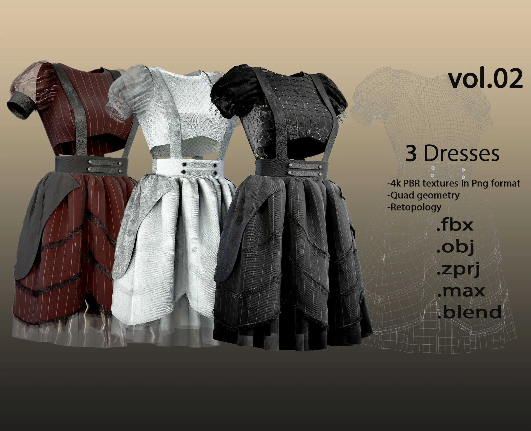 3 Female dresses low-poly-Game ready- VOL 02