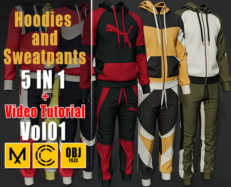 5 Hoodies and Sweatpants + Video Tutorial + CLO+ OBJ Vol01