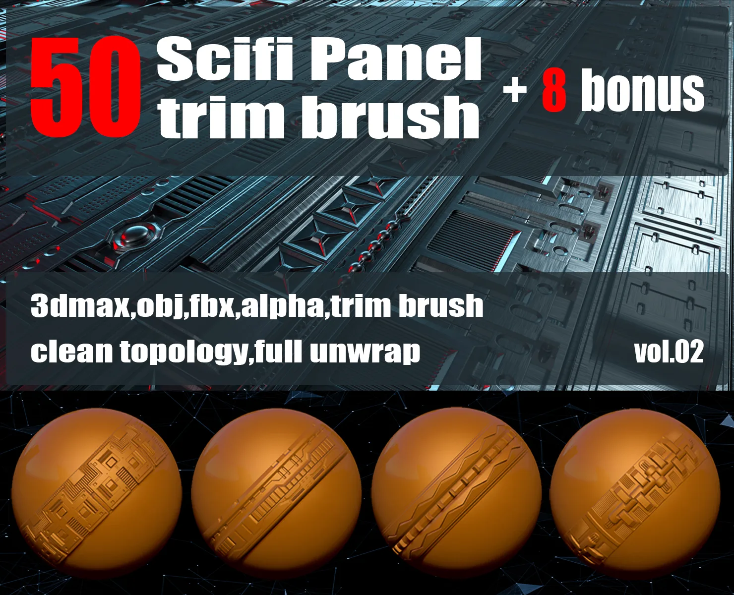 50 Scifi Panel Trim Brush + 8 Bonus + 3D Models + Alpha (vol.02)