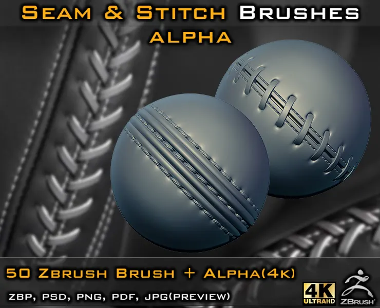 50 Seam & Stitch Brushes & Alpha (Tileable 4k-16bit) Vol.03