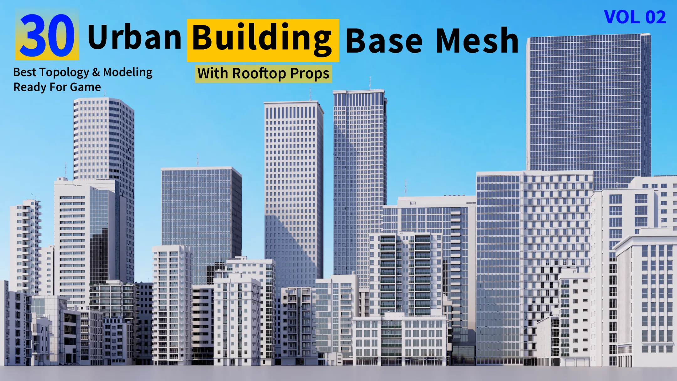 30 Urban Building Base Mesh (with Rooftop) - Real scale and size