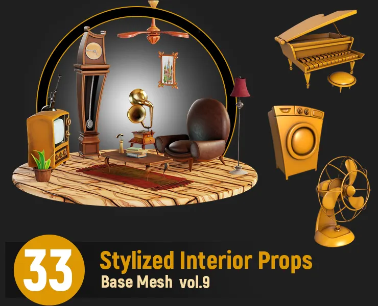 33 Stylized Interior Props Base Mesh Vol.9