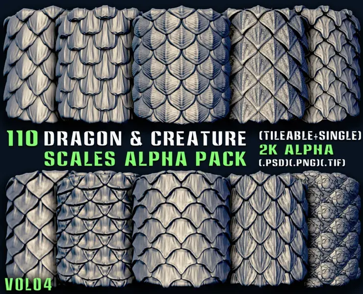 110 Dragon & Creature Scales Alpha Pack – Vol 04 (Tileable + Single)