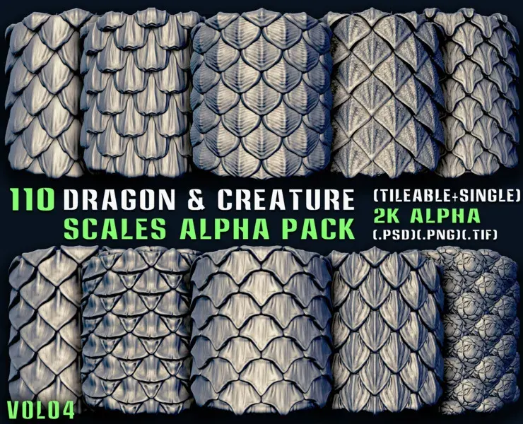 110 Dragon & Creature Scales Alpha Pack – Vol 04 (Tileable + Single)