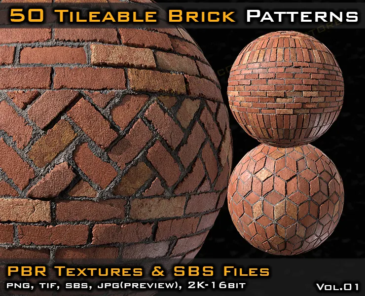 50 Tileable Brick Patterns & PBR Textures and Sbs Files - VOL 01