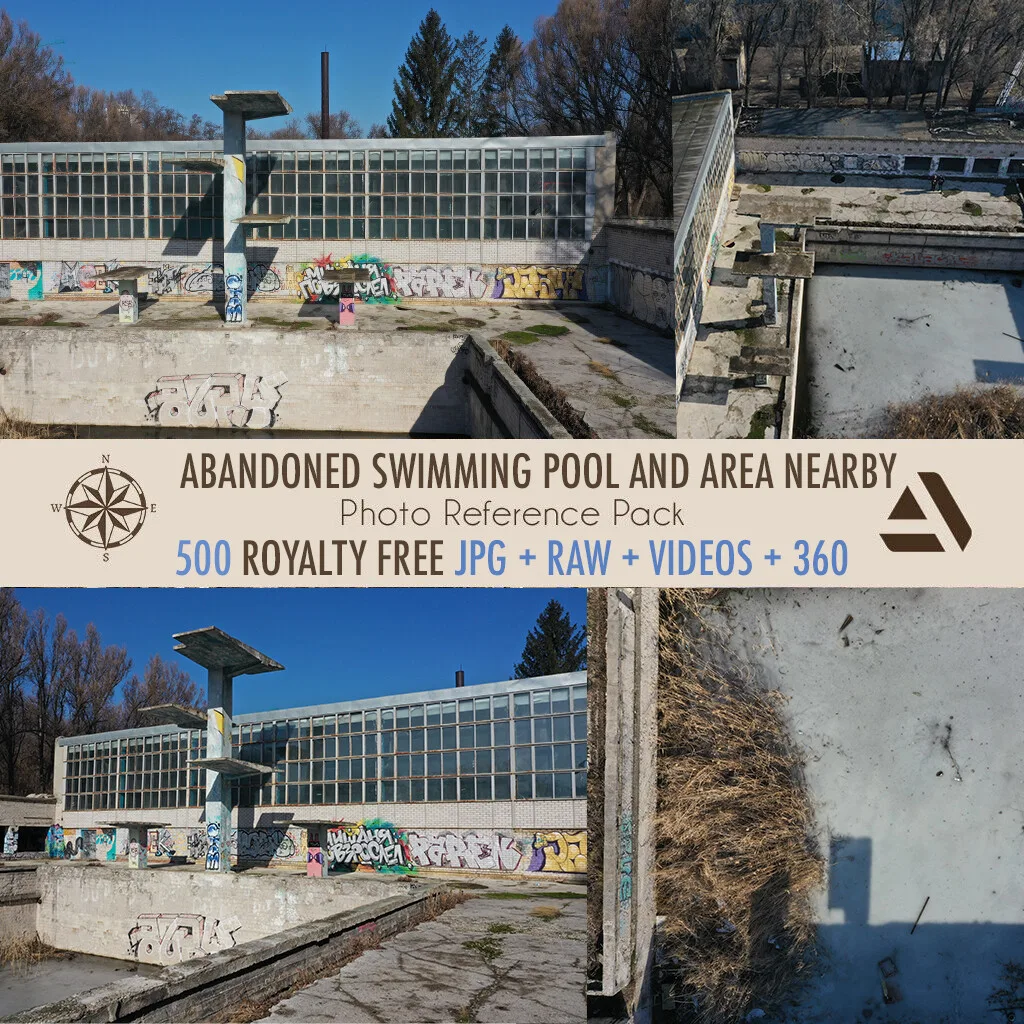 Photo Reference Pack: ABANDONED SWIMMING POOL AND AREA NEARBY and graffiti