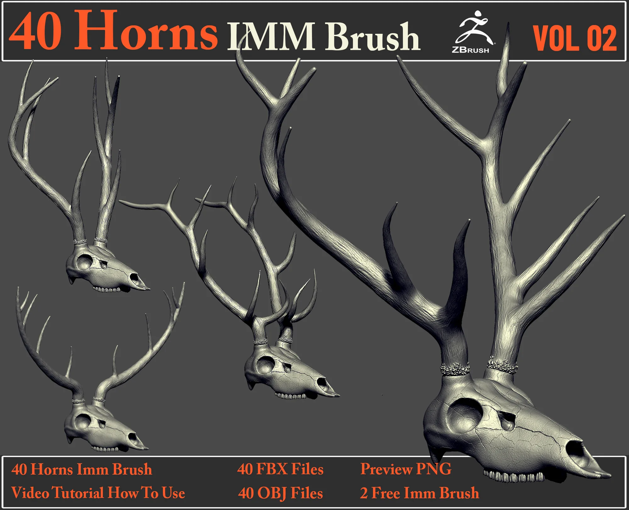 40 Horns IMM Brush VOL 02+ 40 FBX & OBJ Files + Video How To Use