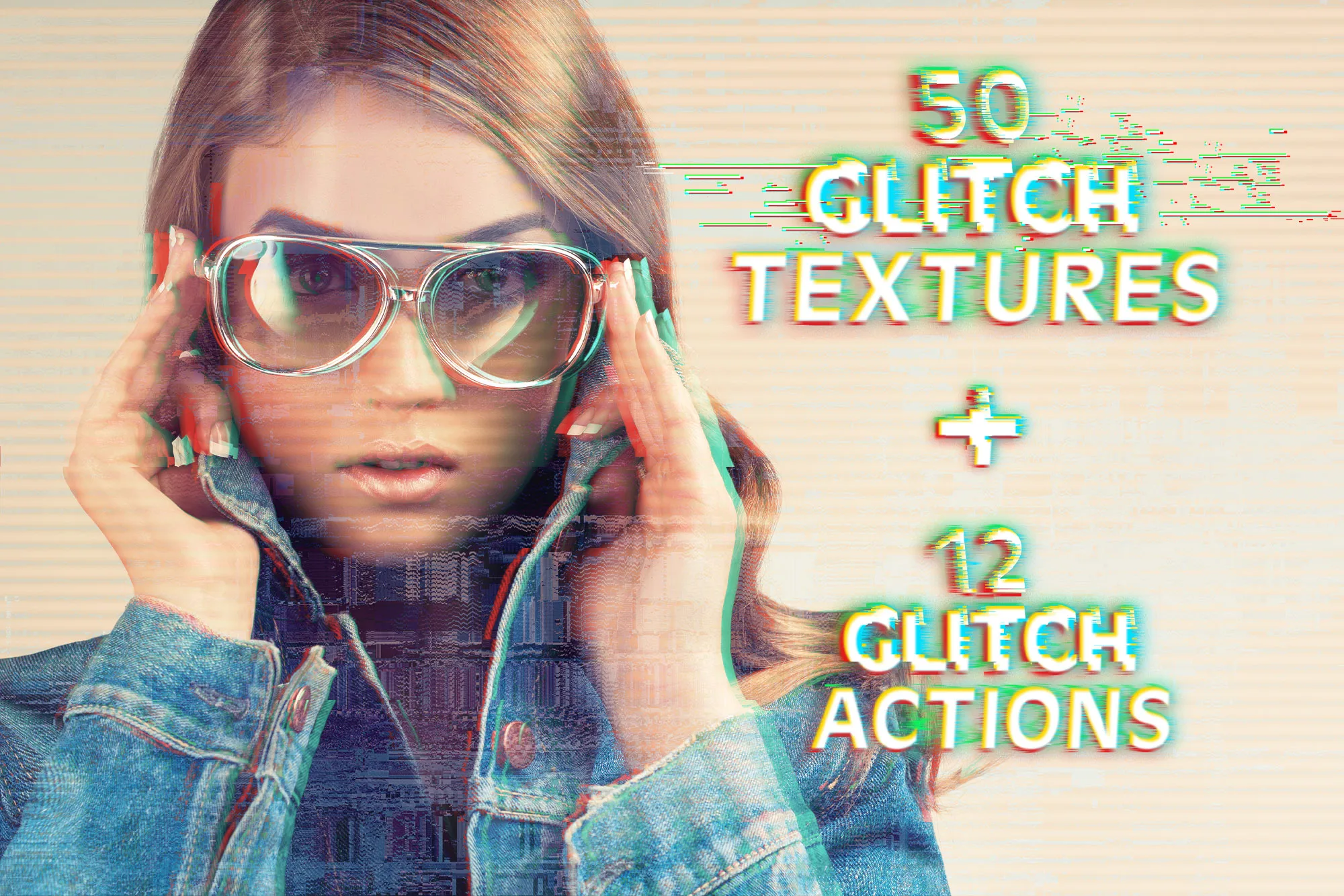 50 Glitch Abstract Textures, Photoshop 3D Glitch Effect Actions, Glitch Distortion Photo Effect, TV VHS Glitch Overlays, 3D Anaglyph Duotone