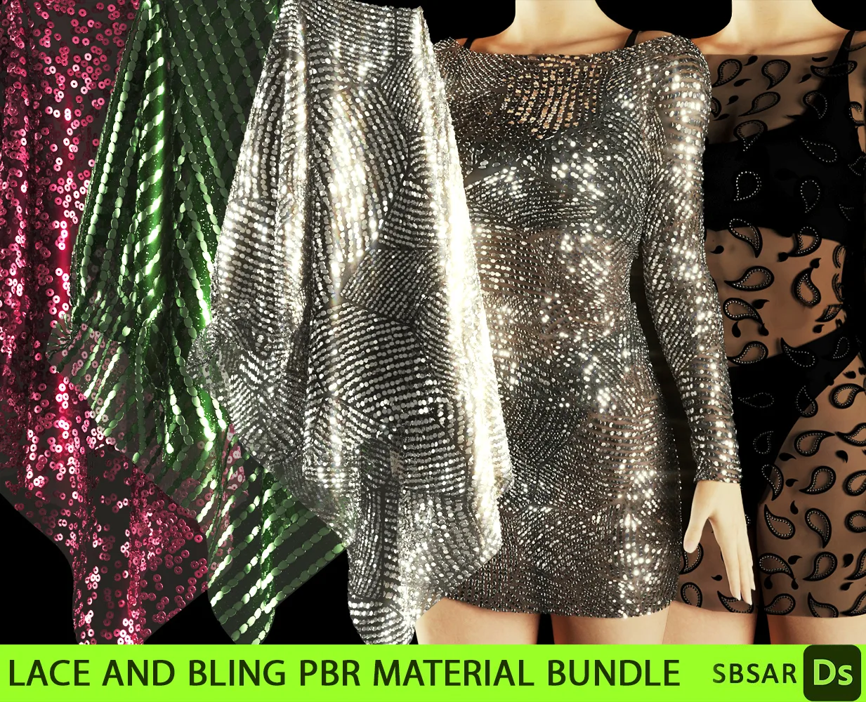 Lace and bling fabric PBR material bundle (SBSAR + 4K textures)