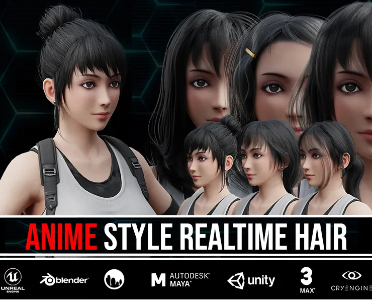 6 Anime Low Poly Realtime Hair Cards 1$ For Each Model