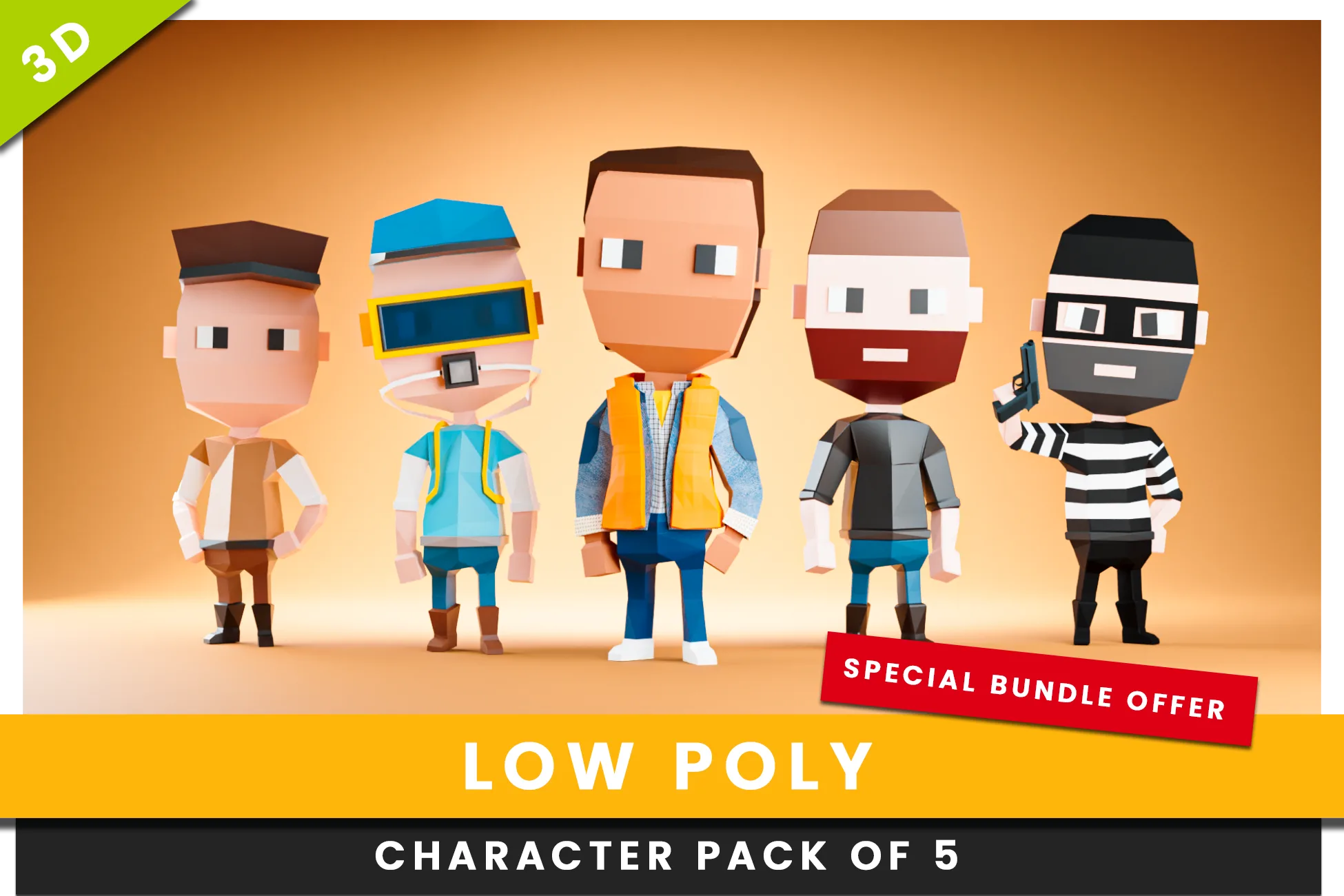 3D Low Poly Rigged &amp; Animated Characters Pack Of 5 - Joseph, Lil Ricky, Jacob, James, Abel