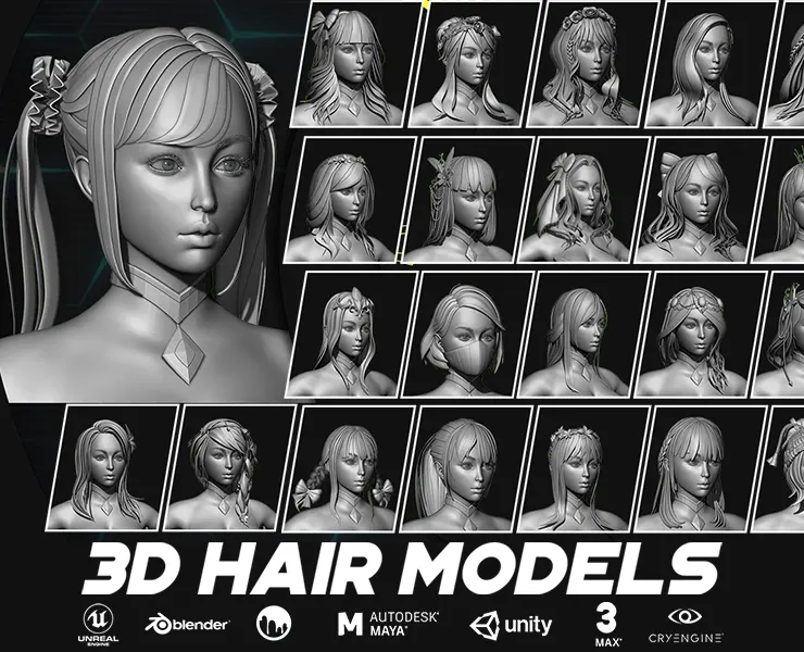 29 Hair Models | Quad Topology + UV's | With Accessories