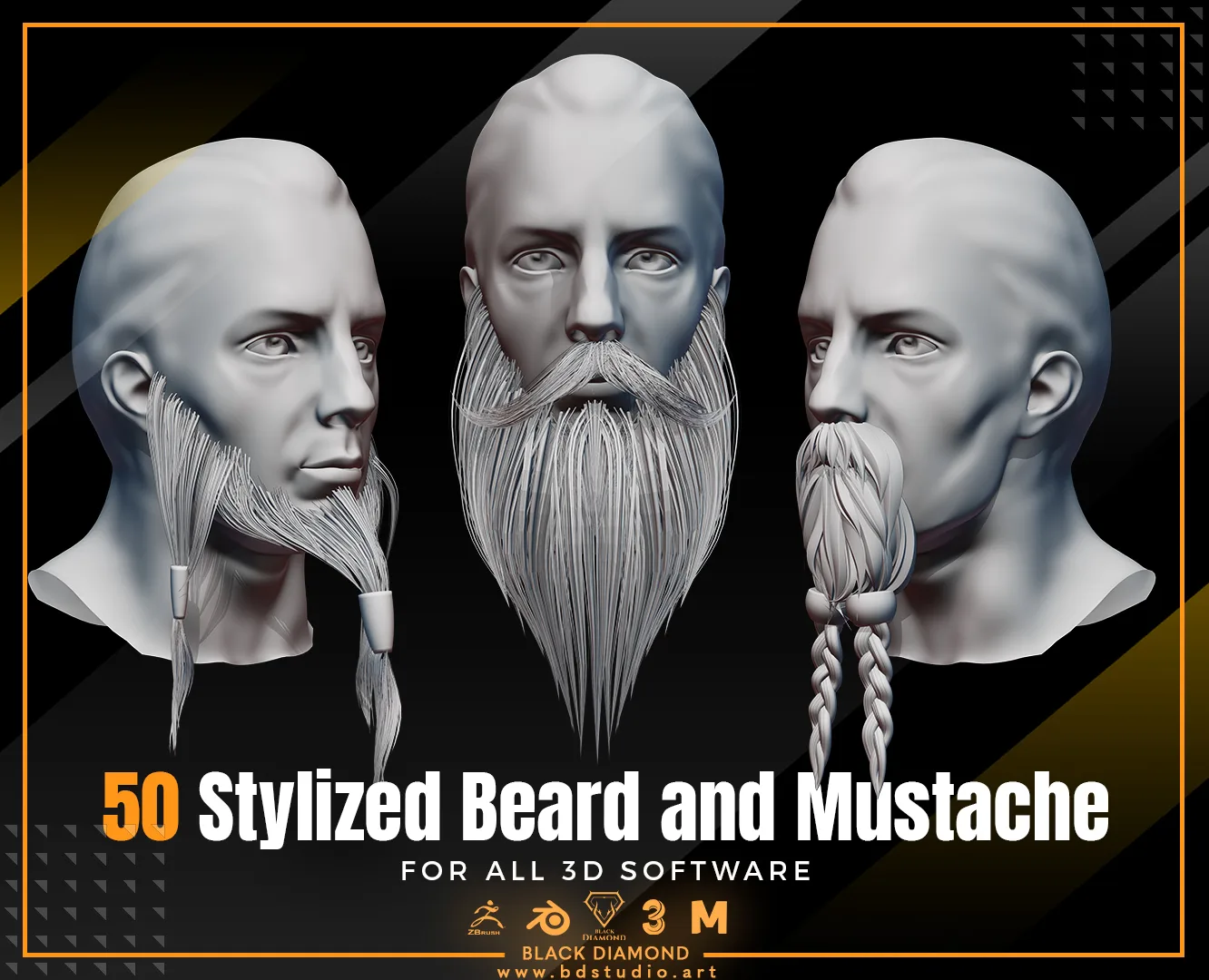 50 Stylized Beard and Mustache - For All 3D Software