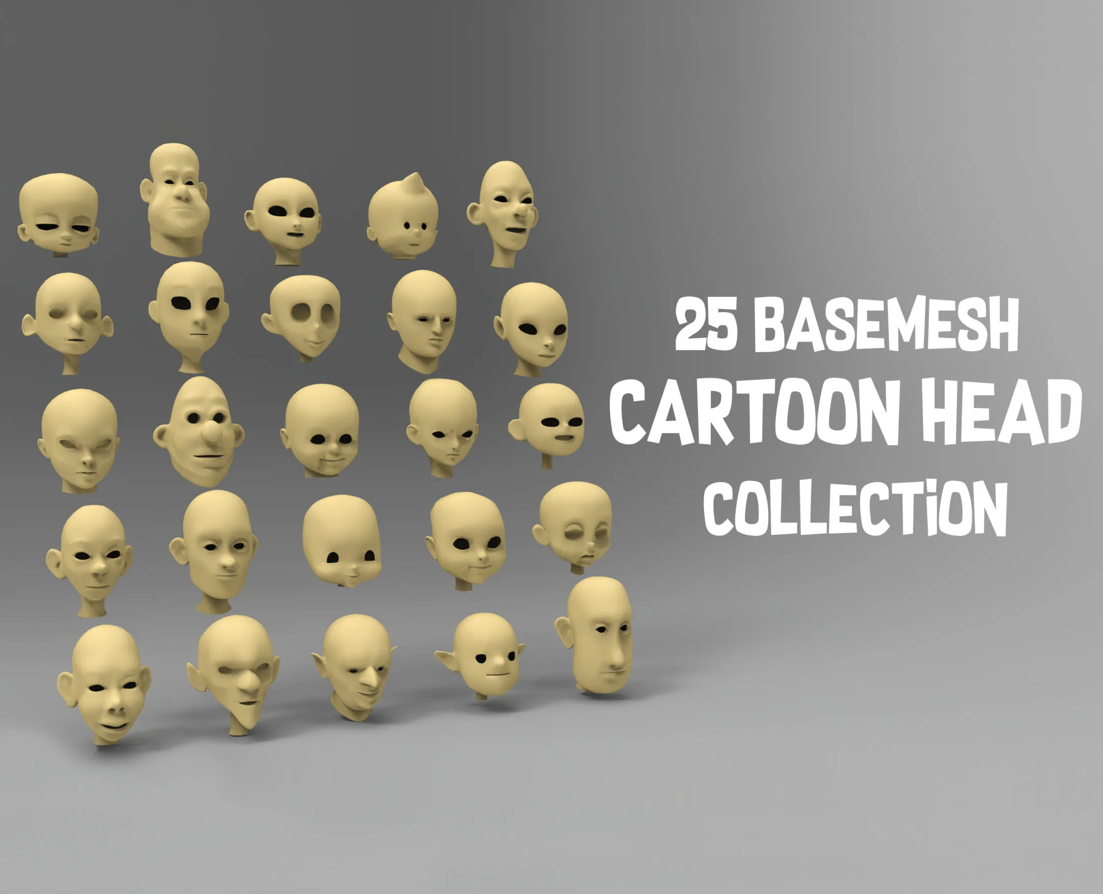 25 basemesh cartoon head collection