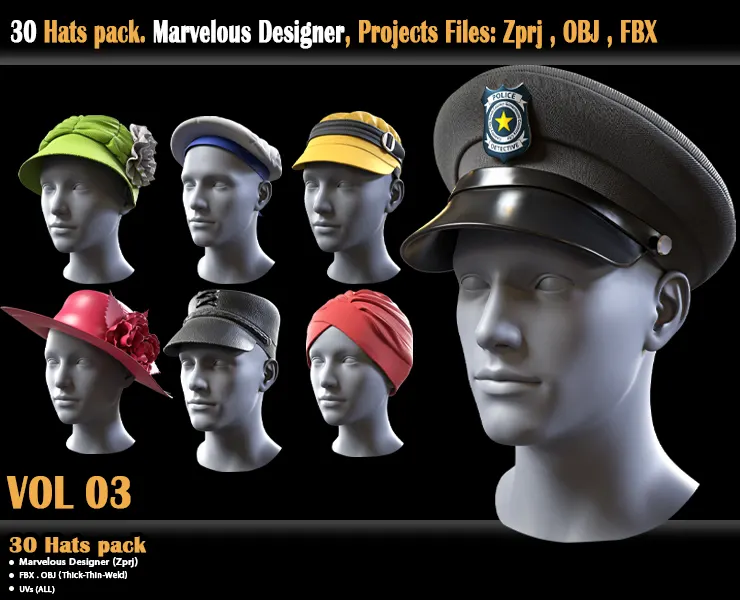 30 Hats pack. Marvelous Designer, Projects Files: Zprj , OBJ , FBX