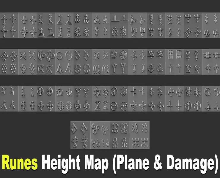 600+ Runes Height Map (Plane &amp; Damage) for Zbrush