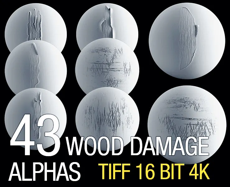 43 Wood Damage Alphas (tiff 16 bit, 4K)