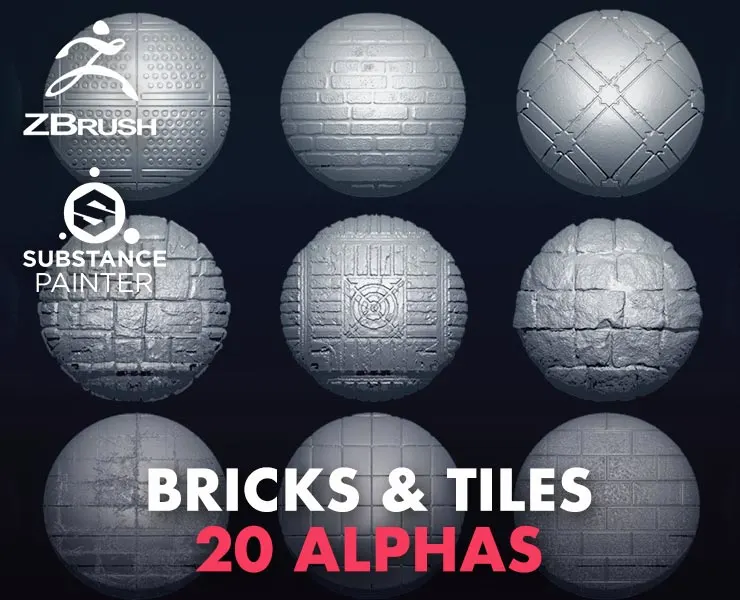 20 Bricks & Tiles Alphas Vol.1 (ZBrush, Substance, 2K)