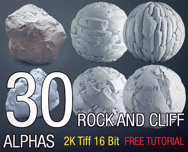 30 Easy Sculpting Rock and Cliff Alphas (Tilable 2k, tiff 16bit )