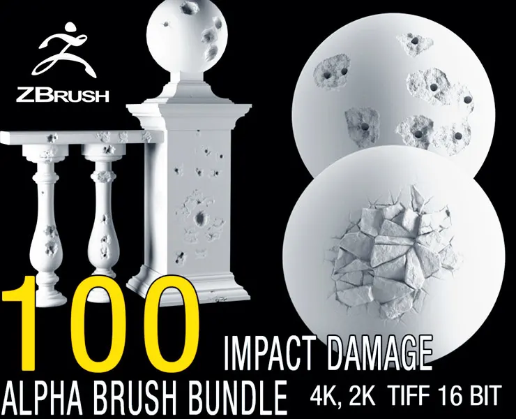 100 Damage Alpha Brush Bundle (Impact) 4k, 2k tiff 16 bit
