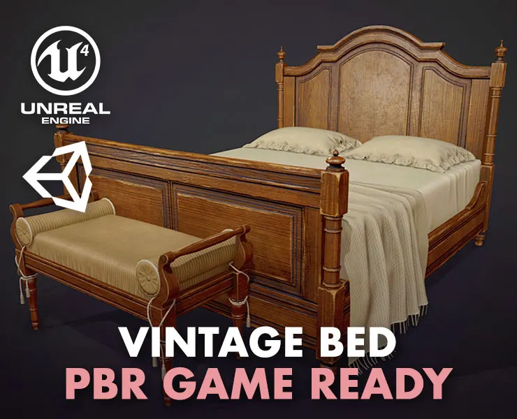 Vintage Bed with Pouf - PBR Game Ready