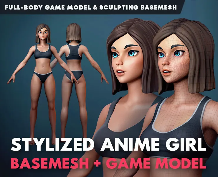 Stylized Anime Girl Full-body Game Model & Basemesh