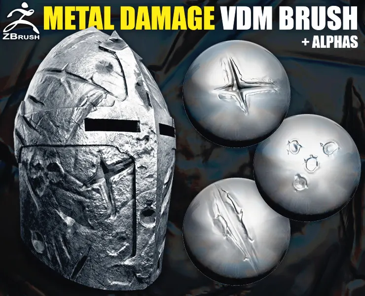 25 Metal Surface Damages VDM Brush for ZBrush (+10 Alphas)