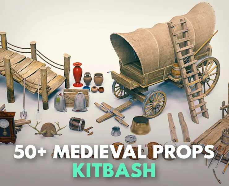 50+ Medieval Props Kitbash [Mid Topology / UV / PBR Textured]