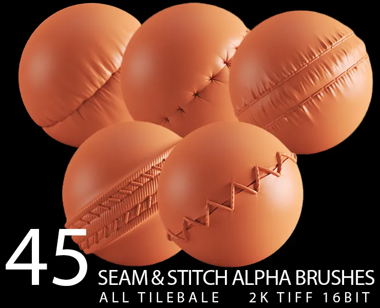 45 Seam & Stitch Alpha Brush Bundle (ALL Tilable 2K tiff 16bit)