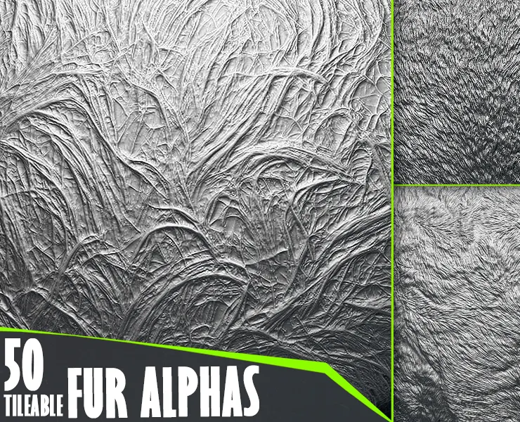 50 Fur and Hair Alphas (Tileable, Displacement Map) vol.5 for ZBrush, Substance