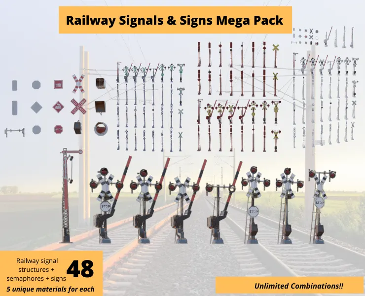 48 Pcs Railway Signals & Signs Mega Pack - Low Poly VR Ready Low-poly 3D Model