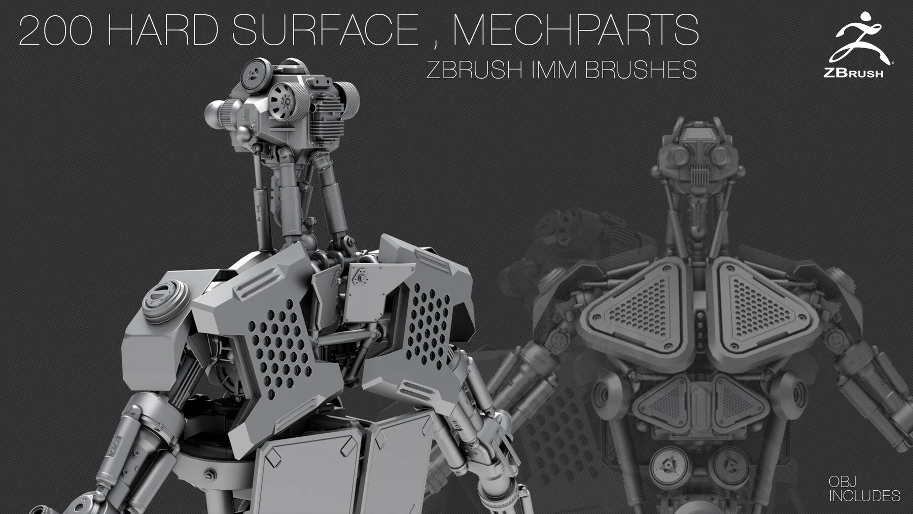 200 HARD SURFACE ZBrush IMM Brushes [OBJ] [MID TOPOLOGY] + ALPHAS [NORMAL , AO] Maps