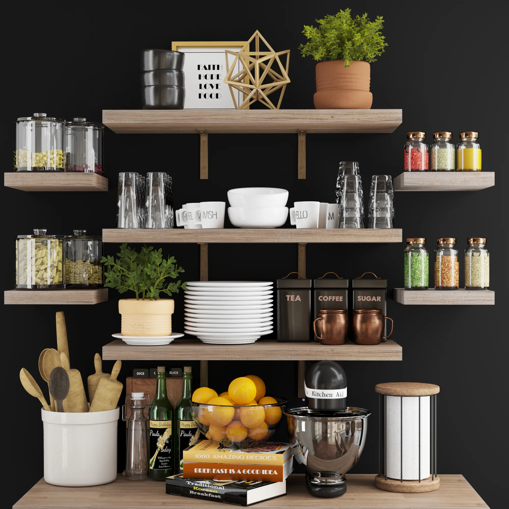 Kitchen Accessories on Wood Shelves