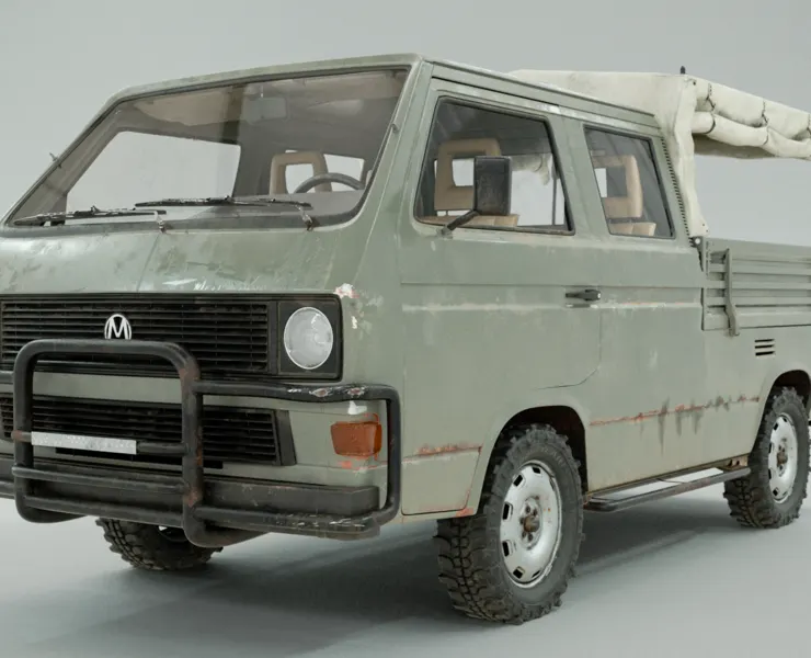 PBR 3D Model - Volkswagen T3 - Army Car Project. High poly, 32 UDIMs. Dirty & Clean Textures.