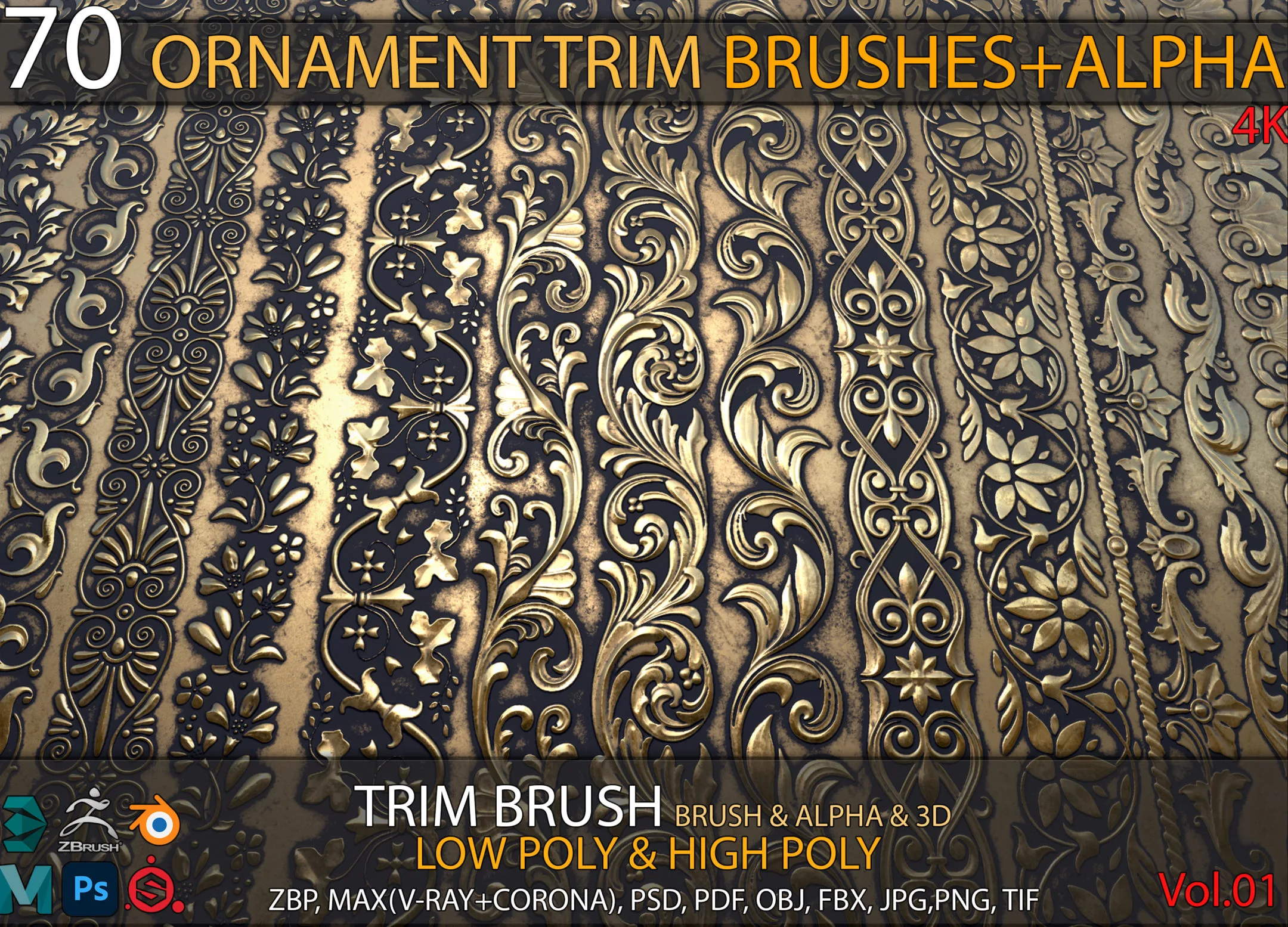 70 Ornament Trim Brushes+3D Model+ Alpha (4k) - Vol 01