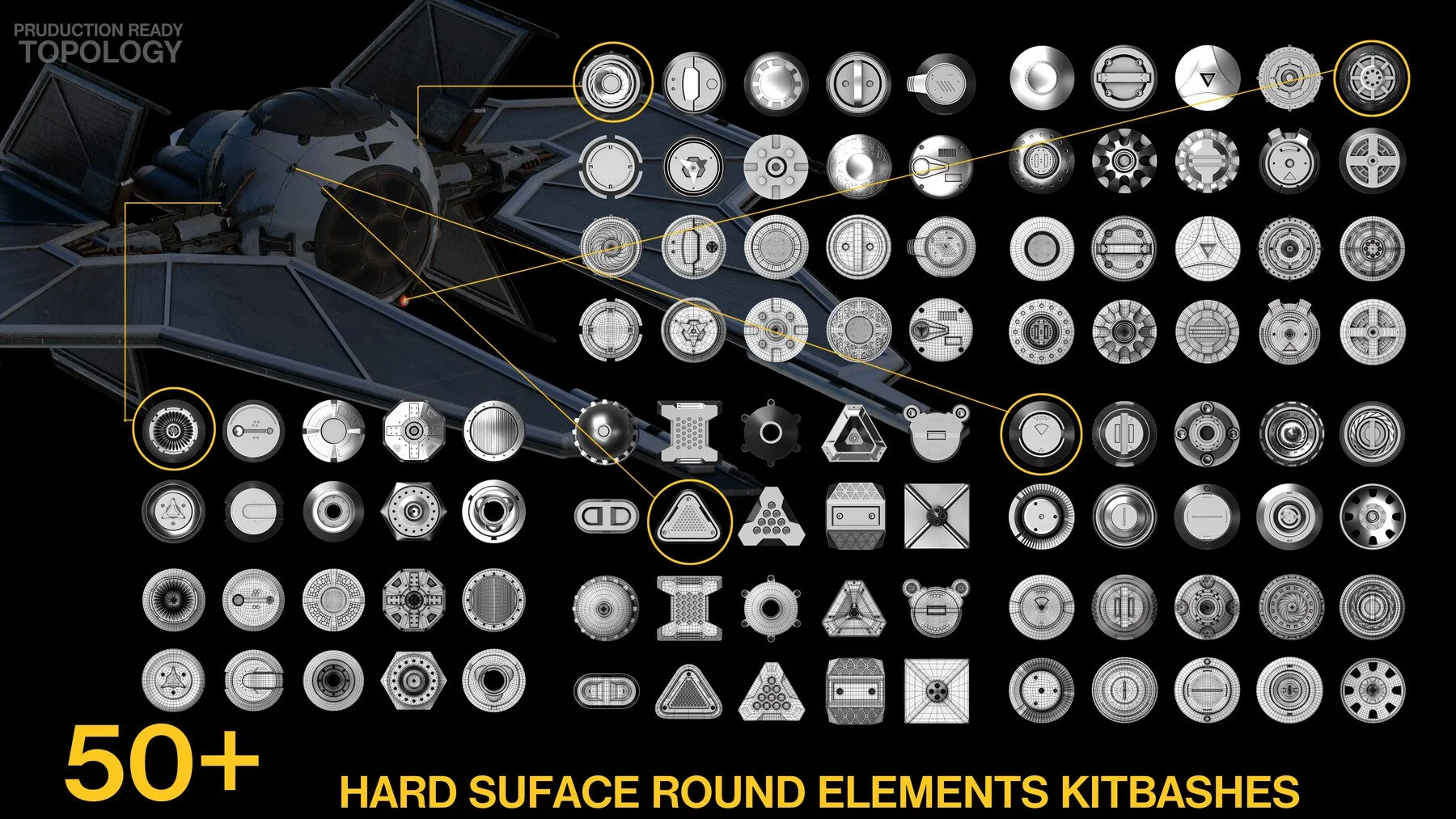 50+ Round Hard Surface Kitbash Elements