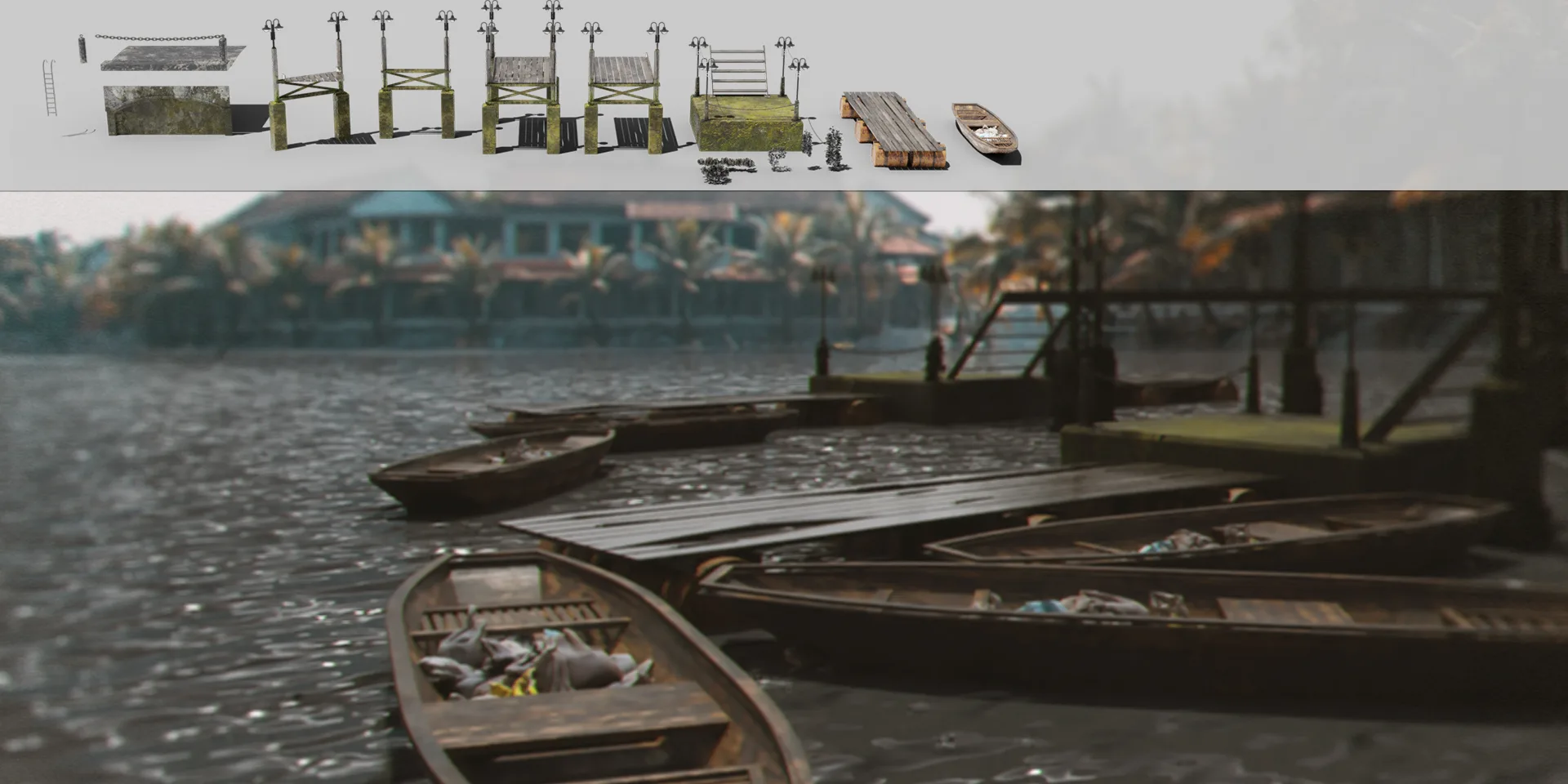 Boardwalk Pier Jetty Floating Dock Kitbash for River Mooring - Blender