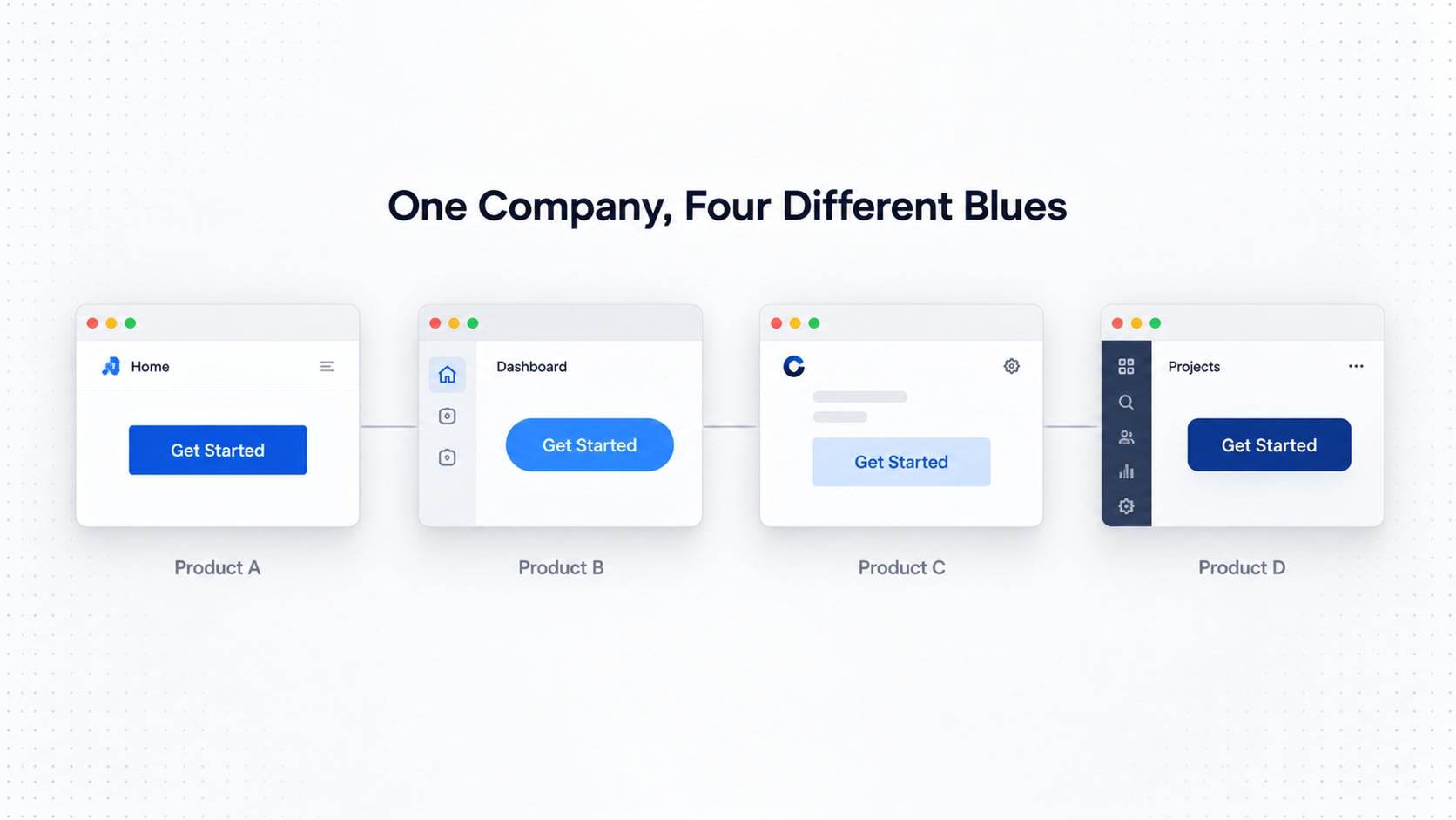 Four UI mockups showing inconsistent blue branding under the title, One Company, Four Different Blues.