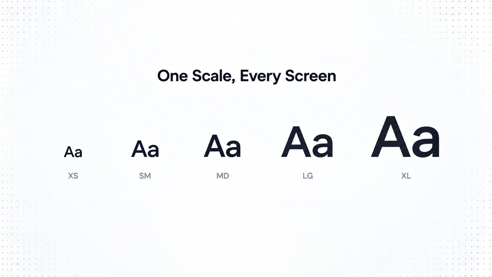 Graphic reading One Scale, Every Screen showing letters Aa in sizes XS, SM, MD, LG, and XL.