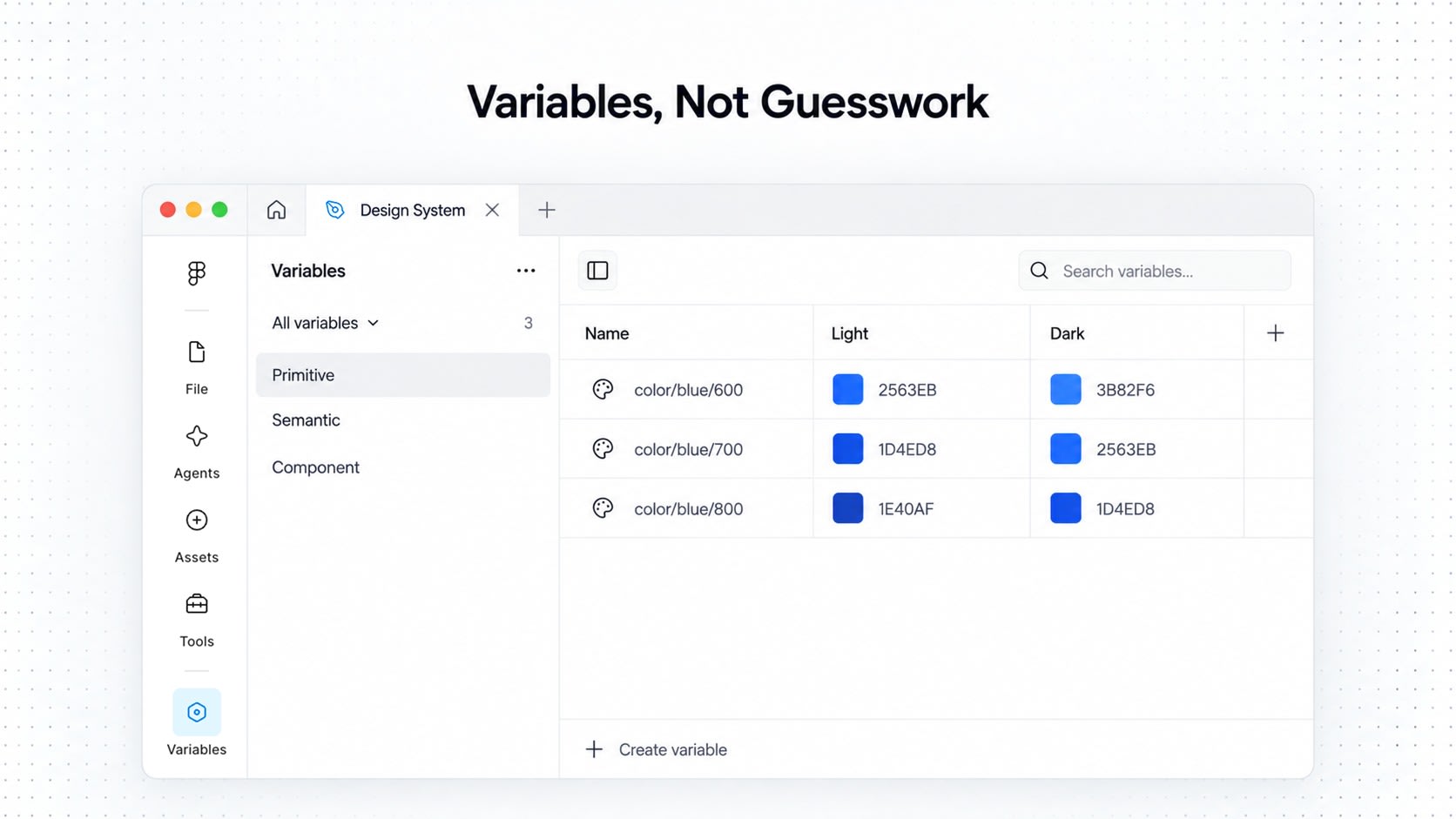 Design system UI showing light and dark mode color variables table under heading Variables, Not Guesswork.