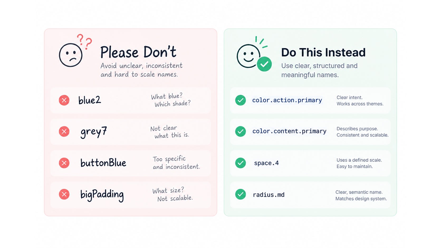 Visual comparison of poor UI variable naming practices versus clear, structured design system token conventions.